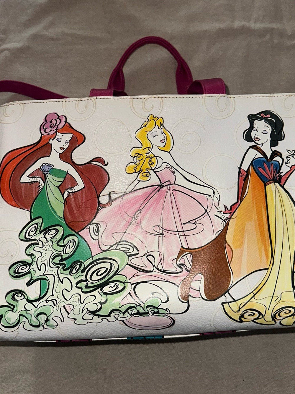 White Disney Princesses Tote Bag with Pink Handles & removable shoulder strap